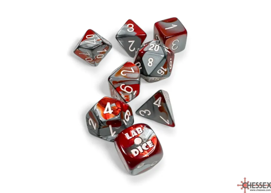 Set 7 Dadi Gemini Poliedrici - Acciaio-Rosso/Bianco