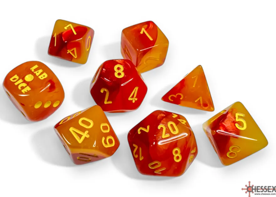 Set 7 Dadi Gemini Poliedrici Luminescenti - Rosso/Giallo