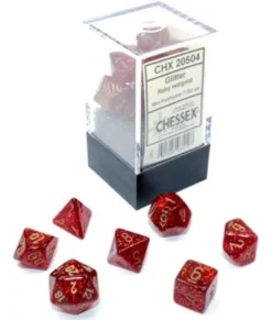 Set 7 Dadi Poliedrici Mini - Glitter Rosso Rubino/Oro